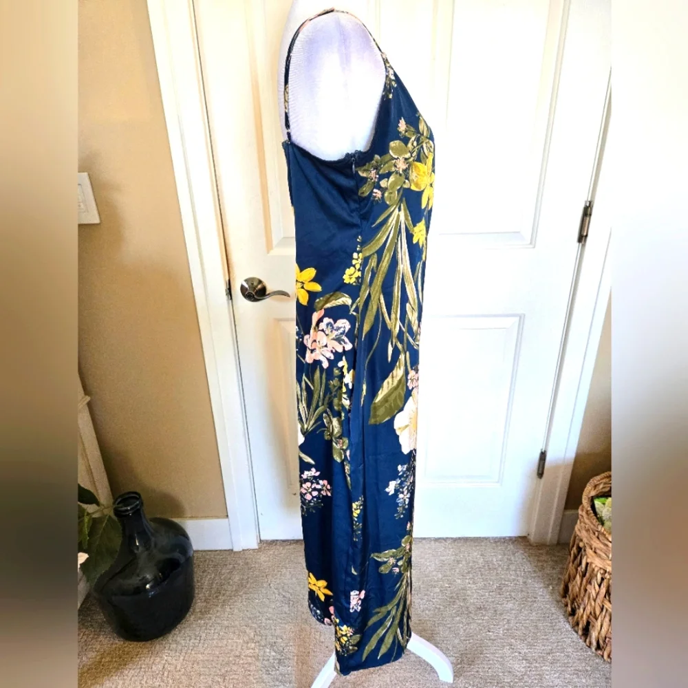 Floral Navy V Neck Slip Dress Satin Feel - Picture 3 of 9